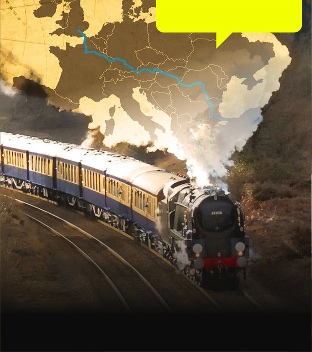 Auf der rechten Seite der Orient-Express, wie er auf den Betrachter zufährt; links eine alte Europakarte mit einem eingezeichneten Streckenverlauf vom London bis Istanbul.