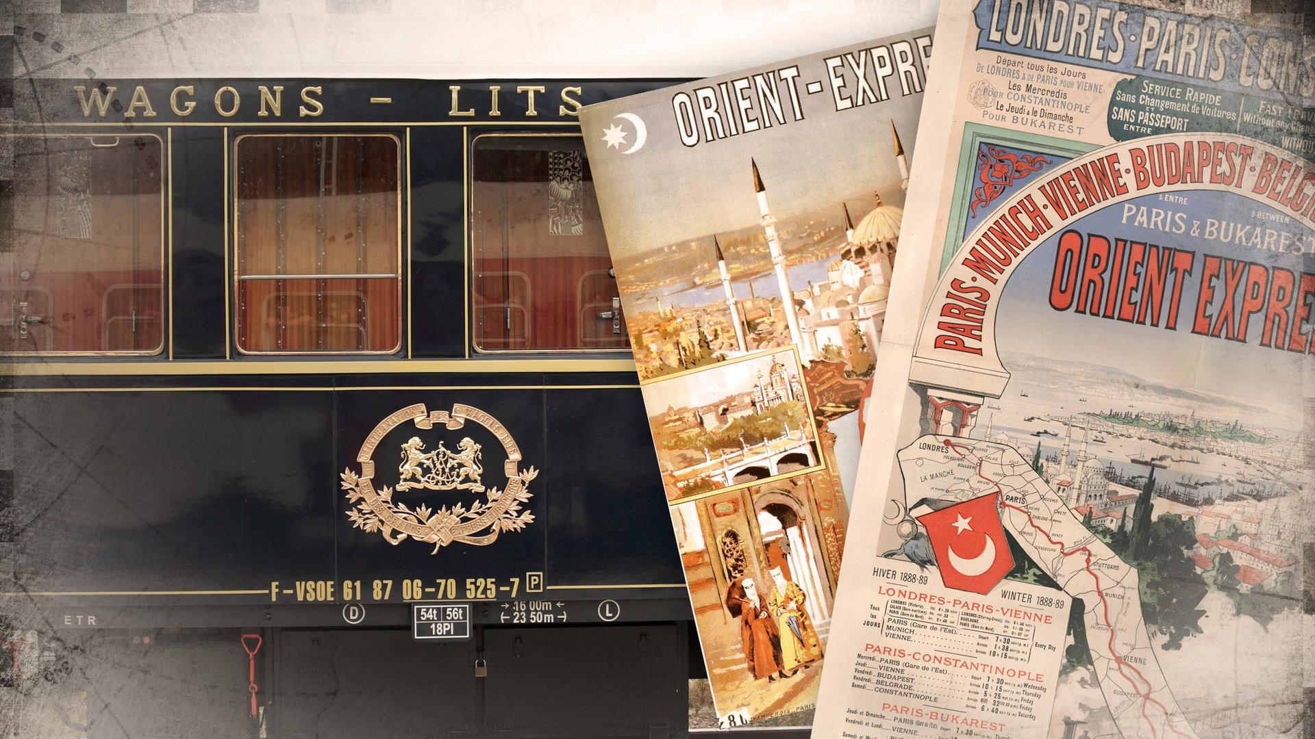Ein Waggon des Orient-Express an einem Bahnhof, dazu auf der rechten Seite alte Werbeplakate für den Express; an den Bildrändern leichte Überblendung mit einer alten Landkarte.