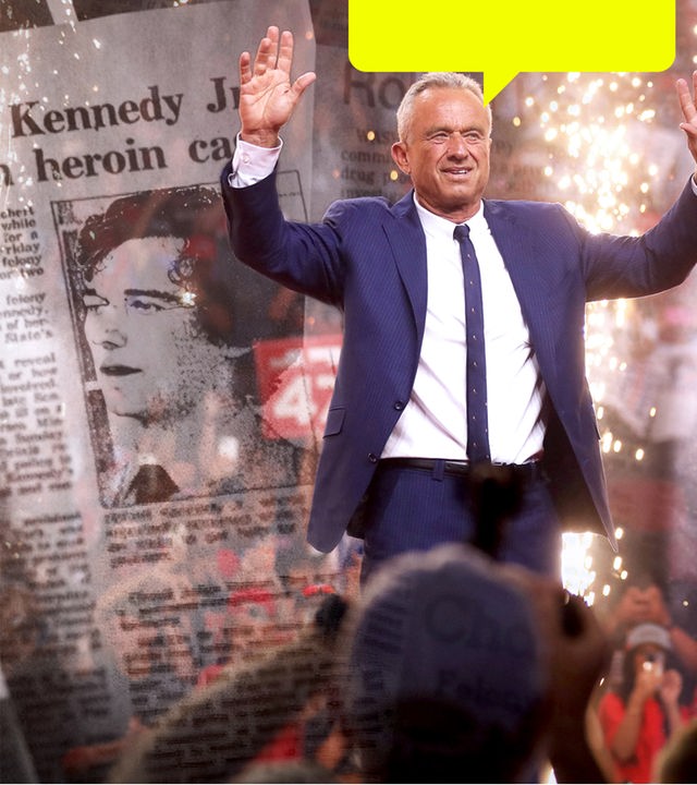 Rechts Kennedy bei einer Wahlkundgebung zur Unterstützung von Donald Trump im Jahr 2024; links eine Collage alter Zeitungsartikeln, die ihn mit Drogenkonsum in Verbindung bringen