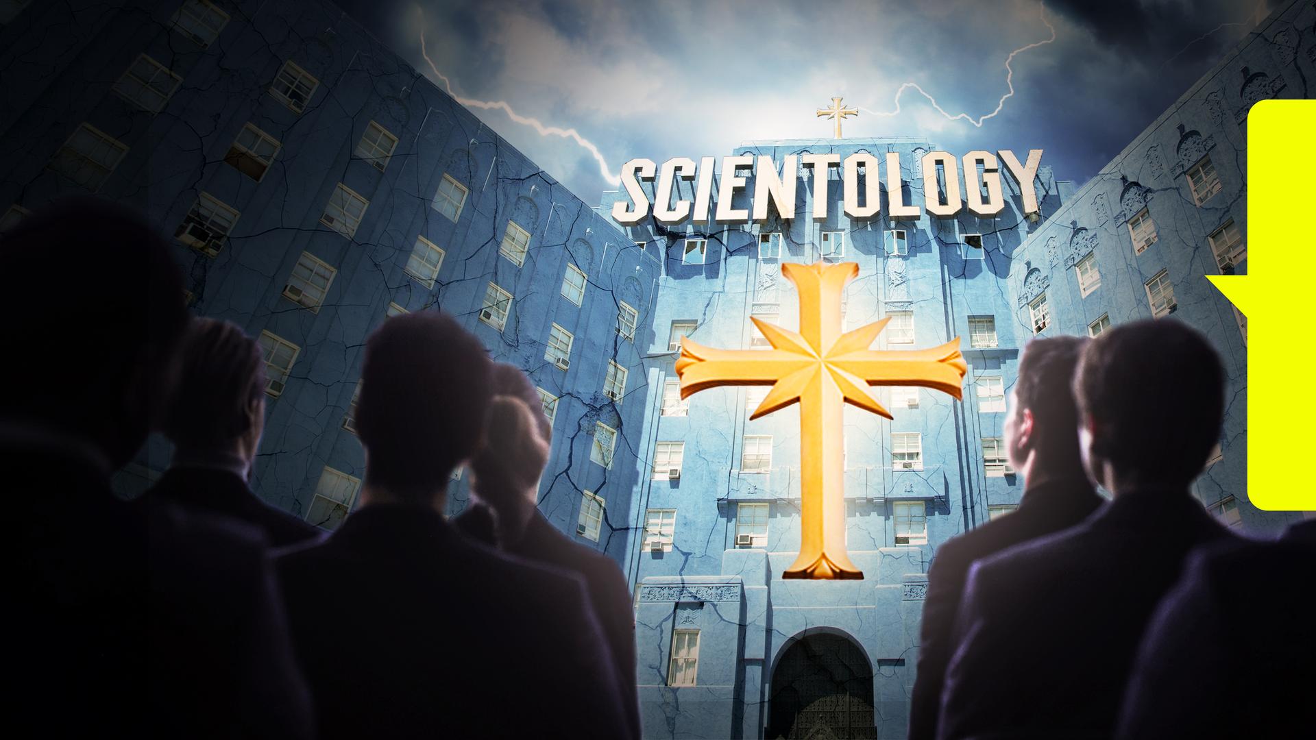 Stilistisch angedeutete Zentrale von Scientology in bedrohlicher Optik