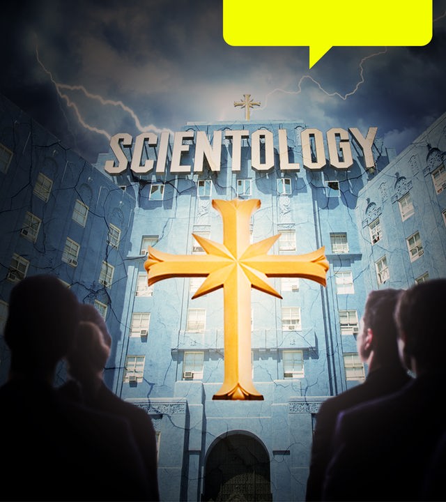 Stilistisch angedeutete Zentrale von Scientology in bedrohlicher Optik