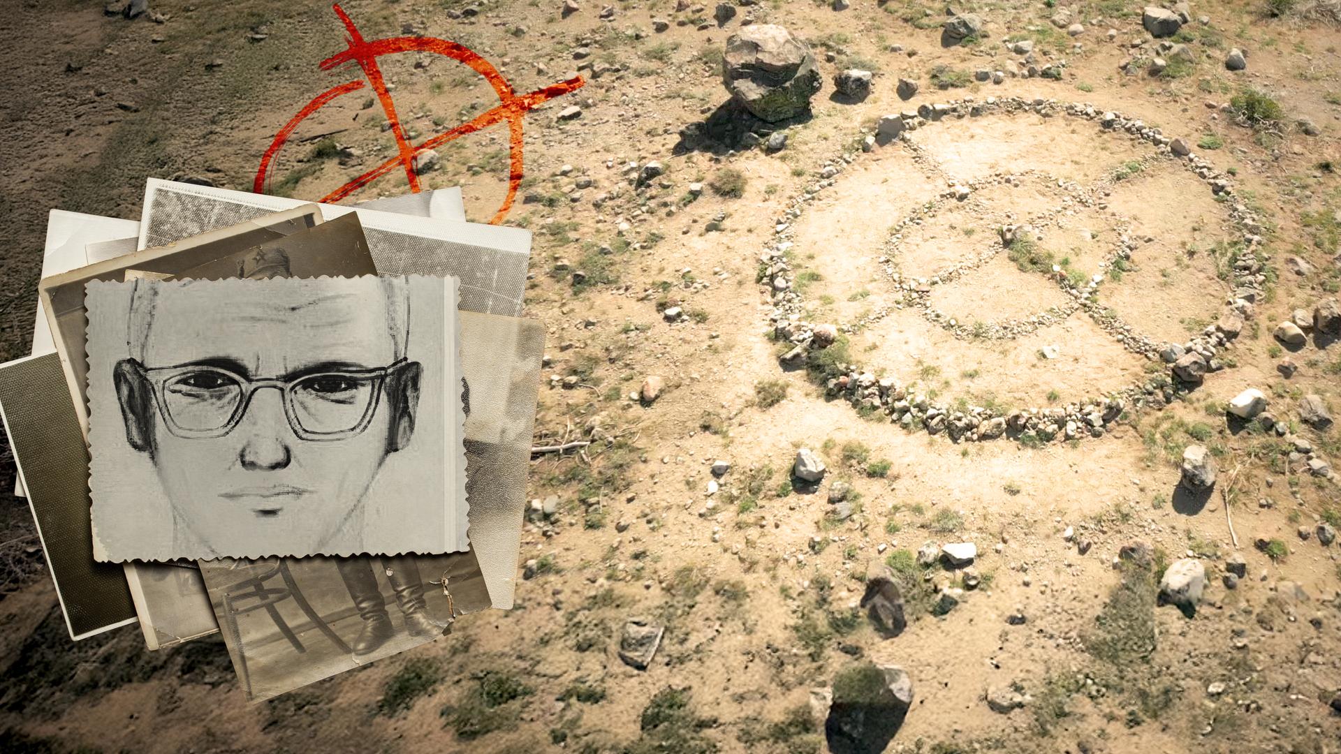 Rechts das mit Steinen geformte Signet des Zodiackillers. Links das Phantombild des Zodiackillers auf einem Stapel alter Bilder, dahinter in rot sein Zeichen.