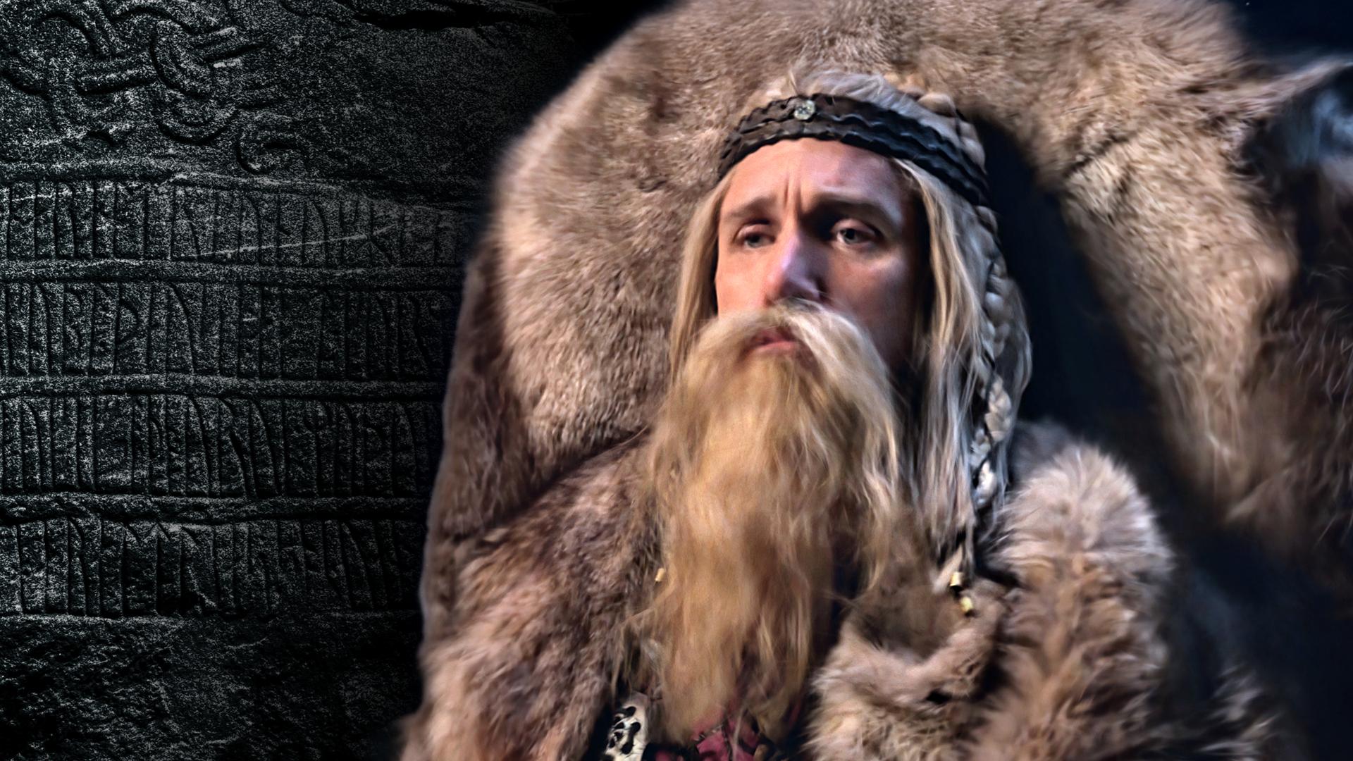Wikingerherrscher Harald Blauzahn mit langem, geflochtenem Haar und Pelzkleidung