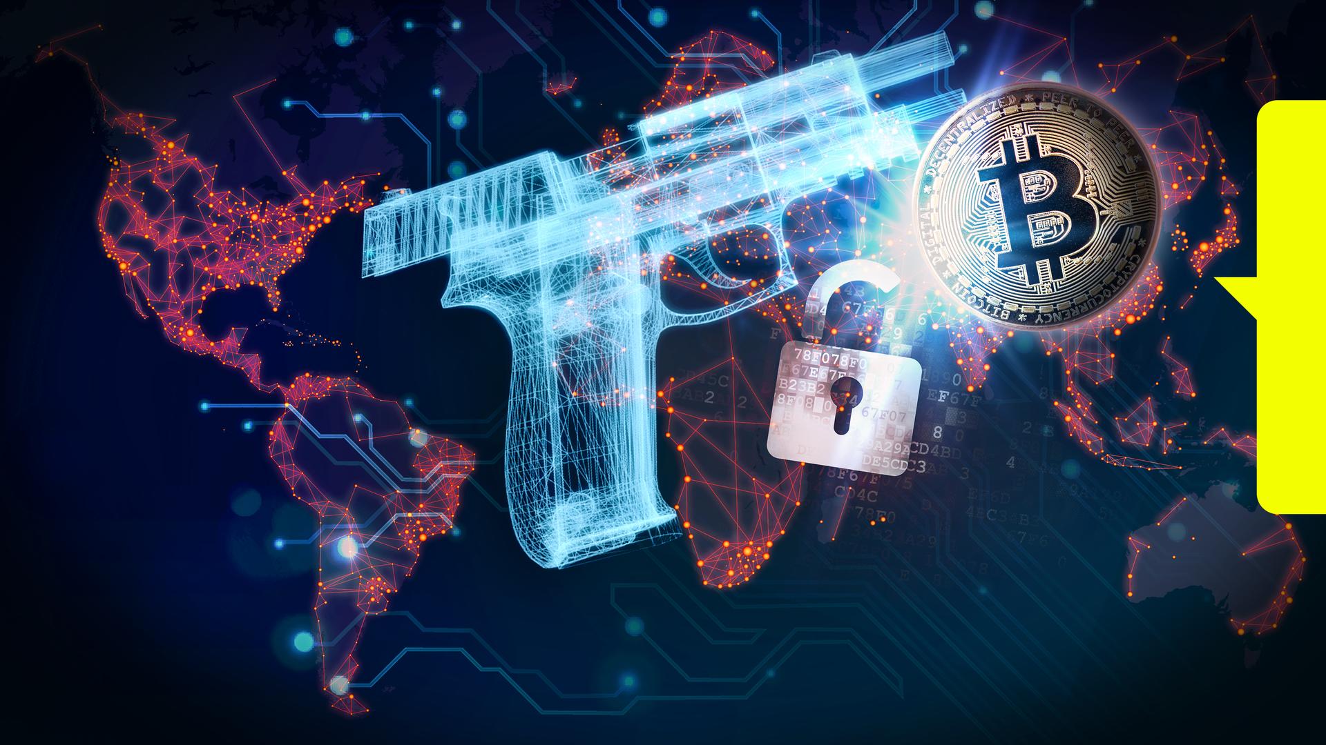 Digitalisierte Waffe, Bitcoins und Schloss vor einer Weltkarte