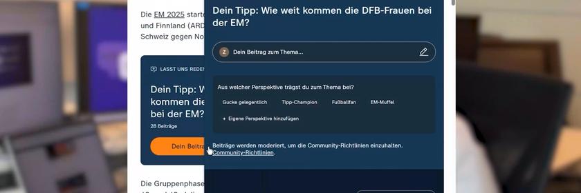 Screenshot de "ZDFpsaces-Oberfläche zu einer Umfrage, wie weit die Frauen bei der Fußball-EM wohl kommen werden?