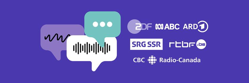 Mehrere Logos internationaler Rundfunkanstalten, darunter ZDF, ABC, ARD, SRG SSR, RTBF und CBC/Radio-Canada, sind auf violettem Hintergrund angeordnet. Daneben symbolisieren stilisierte Sprechblasen den Austausch im Forschungsprojekt "Public Spaces Incubator" (ZDFspaces).