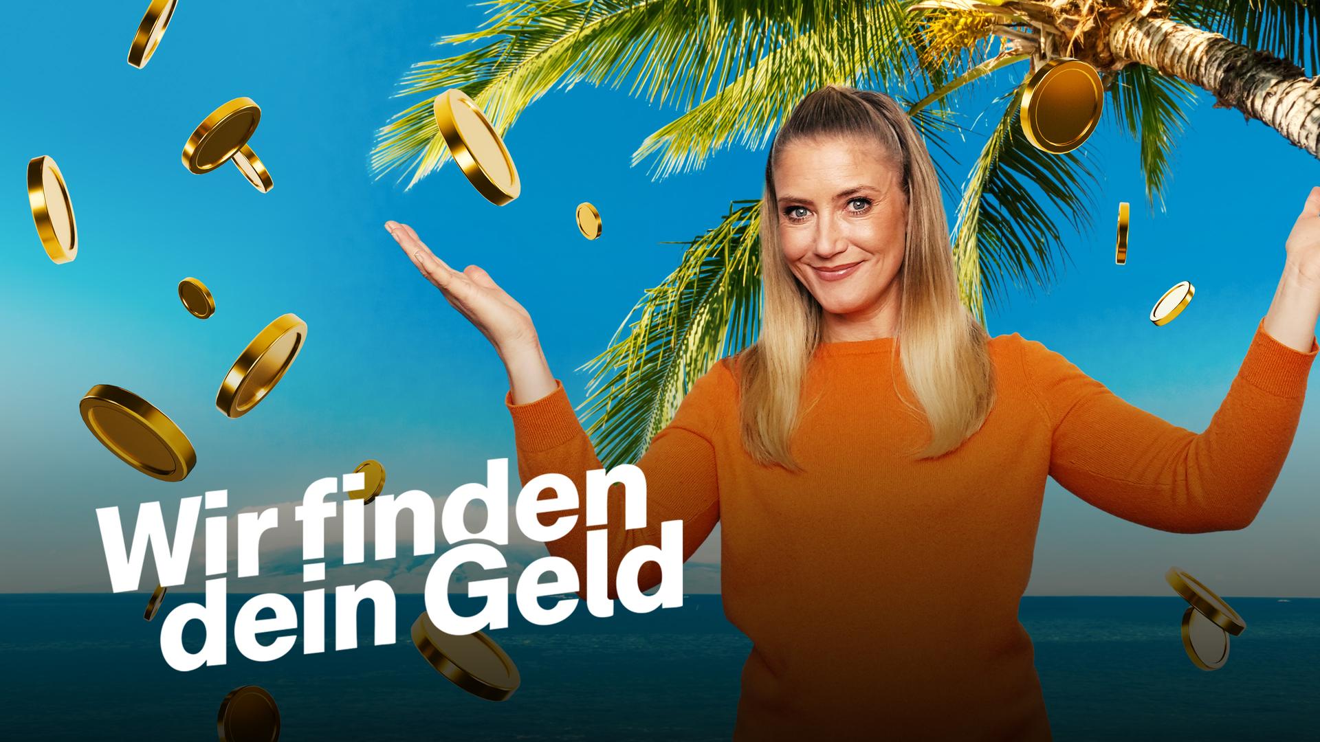 Zu sehen ist Pia Osterhaus. Im Hintergrund ein Strand, um sie herum lauter Goldmünzen.