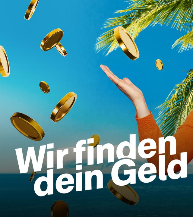 Zu sehen ist Pia Osterhaus. Im Hintergrund ein Strand, um sie herum lauter Goldmünzen.