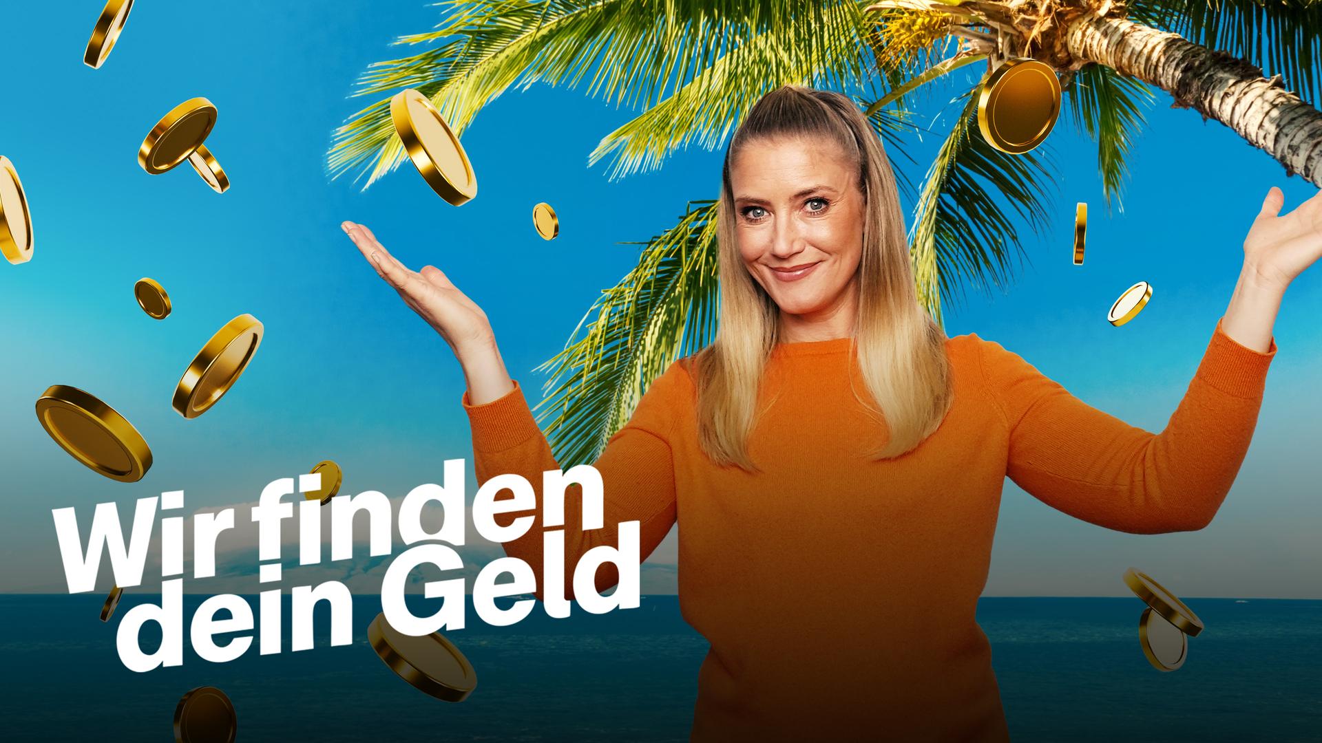 Zu sehen ist Pia Osterhaus. Im Hintergrund ein Strand, um sie herum lauter Goldmünzen.