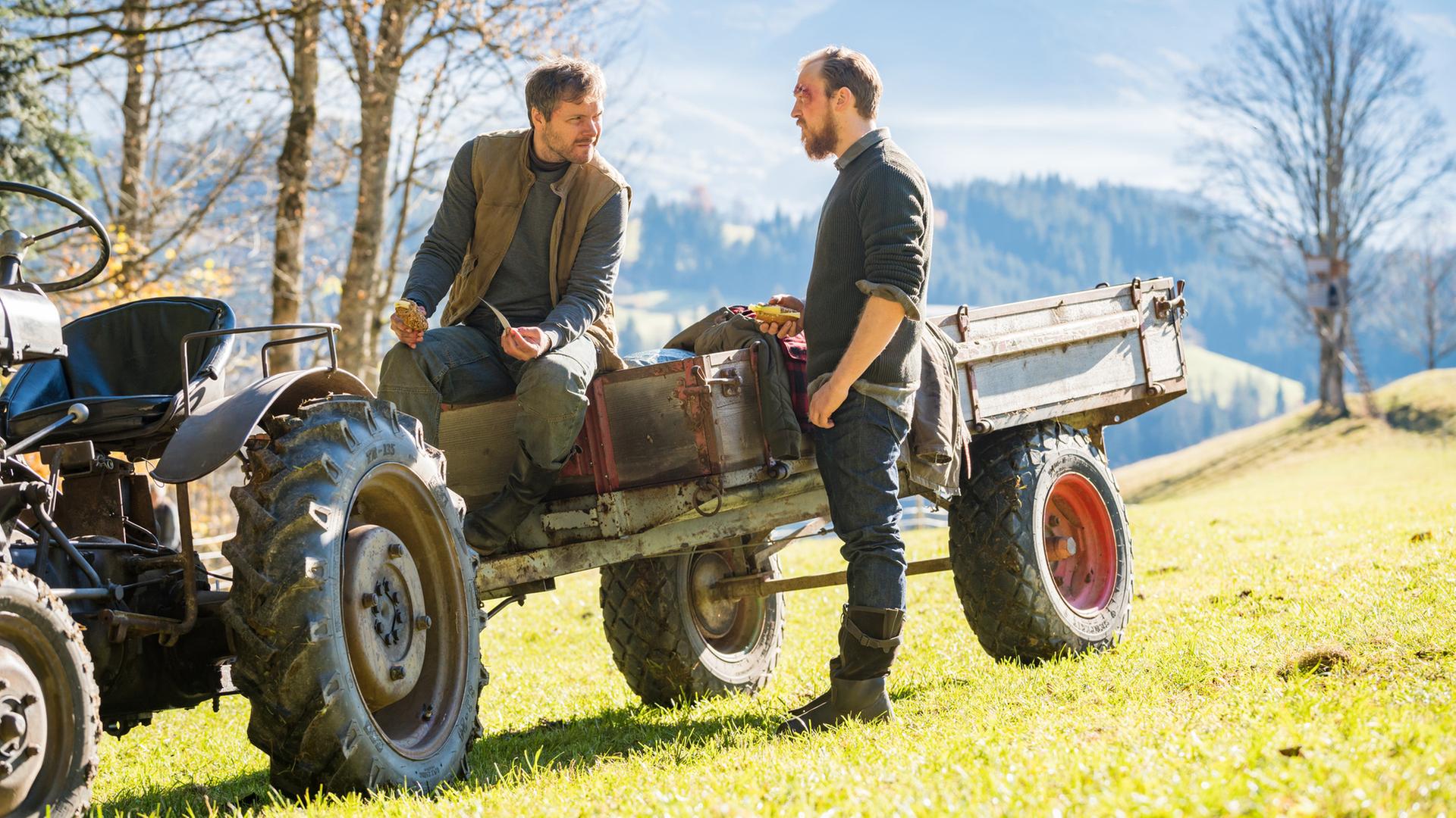"Der Bergdoktor: Zeit der Wölfe (2)": Auf der Wiese sitzt Mario (Nicholas Reinke) auf dem Traktor. Sein Halbbruder Philipp (Tino Mewes) steht neben ihm.