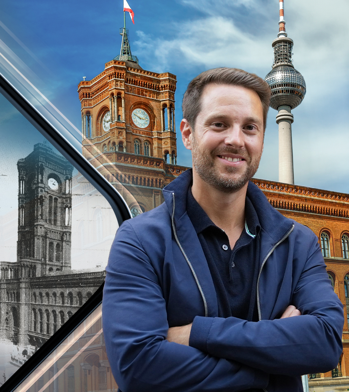 Mirko Drotschmann vor dem Berliner Ferntsehturm und roten Rathaus