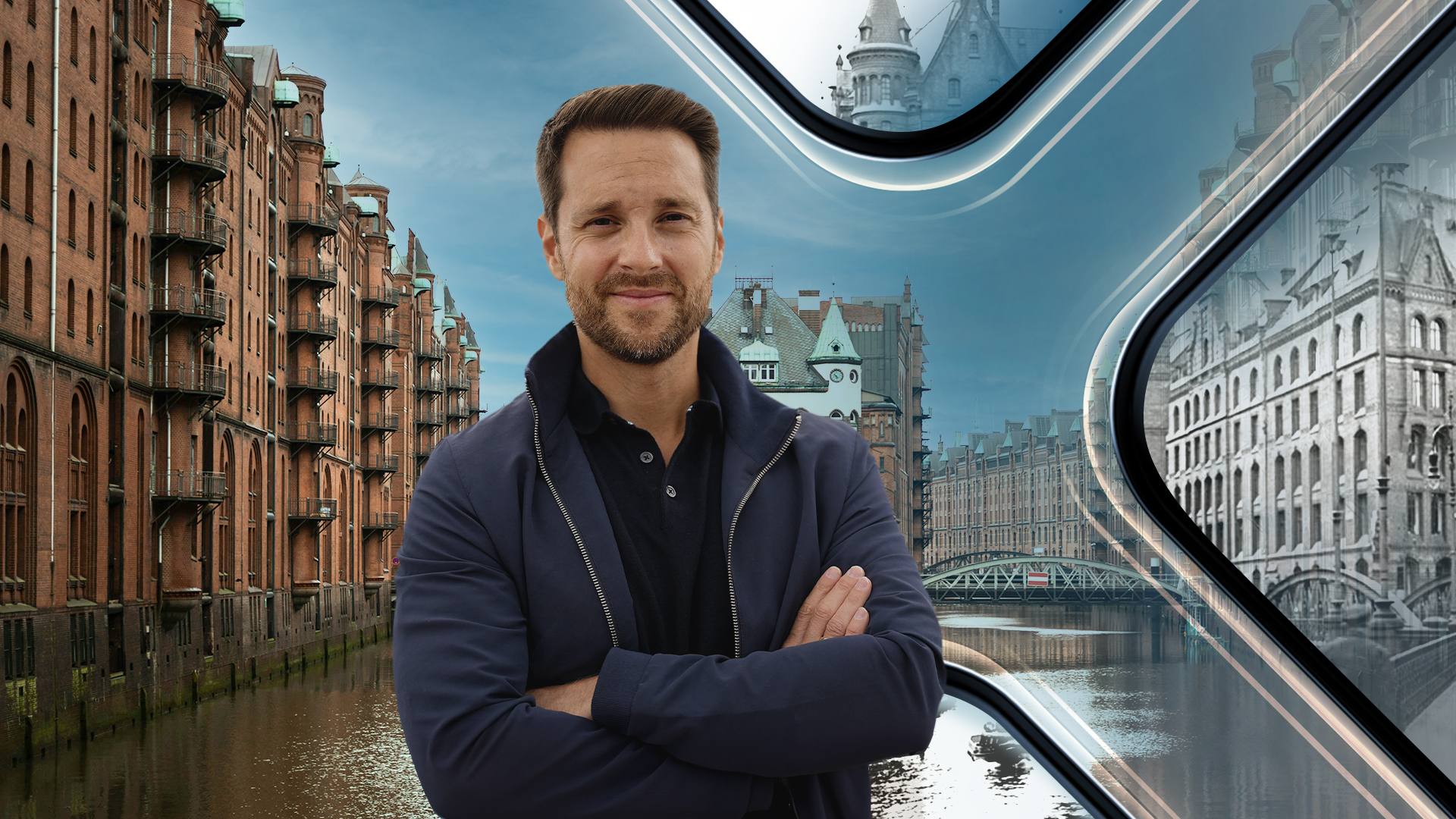 Mirko Drotschmann vor der Hamburger Speicherstadt