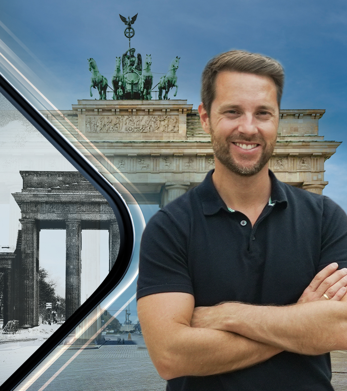 Mirko Drotschman vor dem Brandenburger Tor. Rechts neben ihm verkörpert ein historisches Bild des Brandenburger Tors die Verbindung zur Zeitreise in die Geschichte