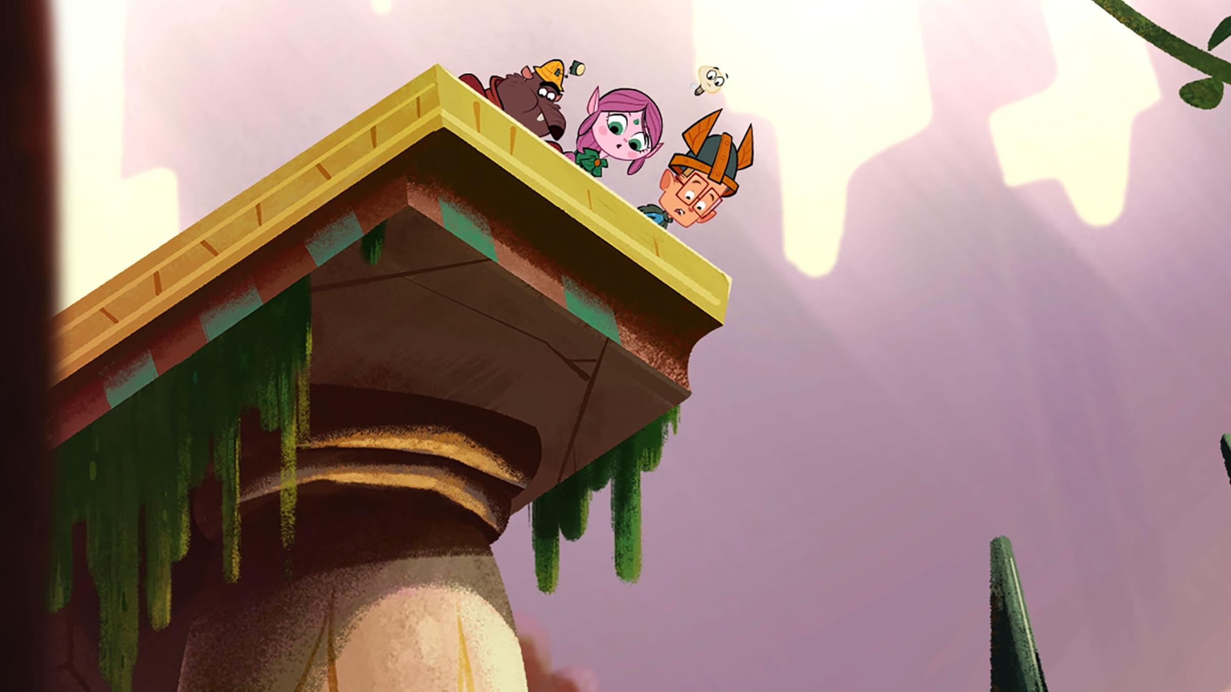 Ratrick (l.), Ephi (m.) und Marcus (r.) stehen auf einem Brückenvorsprung und schauen ängstlich in die Tiefe. Am Boden ragen spitze Zacken nach oben. 