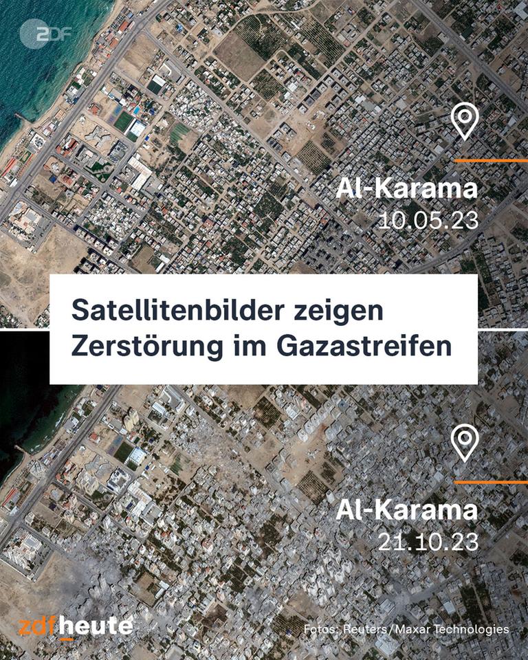 Satellitenbilder zeigen Zerstörung im Gazastreifen bei Al-Karama im Zeitverlauf