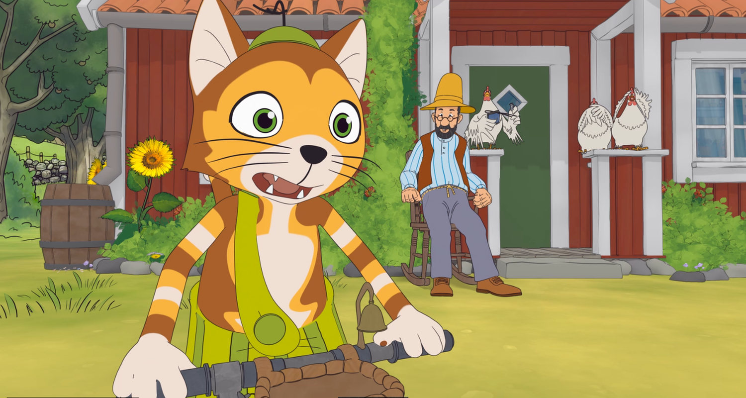 Findus schaut erschrocken. Pettersson und die Hühner sitzen noch ganz entspannt vorm Schuppen.