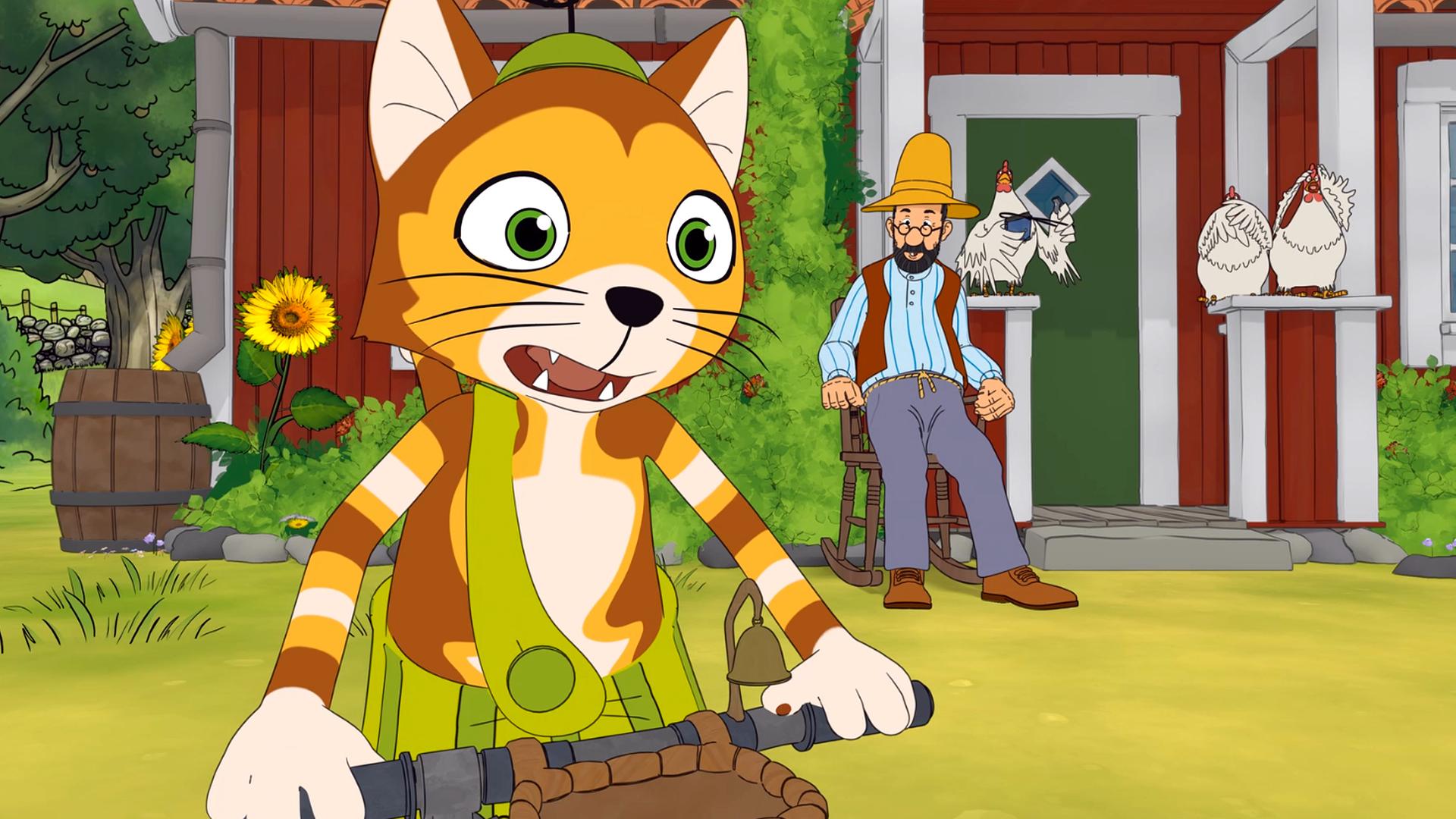 Findus schaut erschrocken. Pettersson und die Hühner sitzen noch ganz entspannt vorm Schuppen.