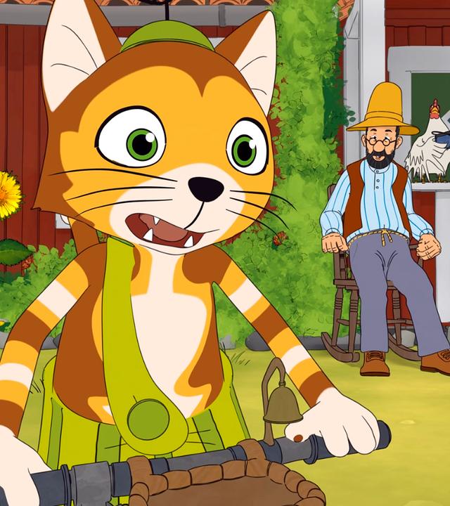 Findus schaut erschrocken. Pettersson und die Hühner sitzen noch ganz entspannt vorm Schuppen.