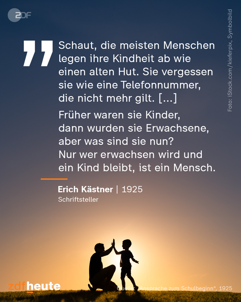Auf dem Bild ist ein Zitat von Erich Kästner, darunter eine erwachsende Person und ein Kind die sich an den Händen berühren, während die Sonne unter geht.