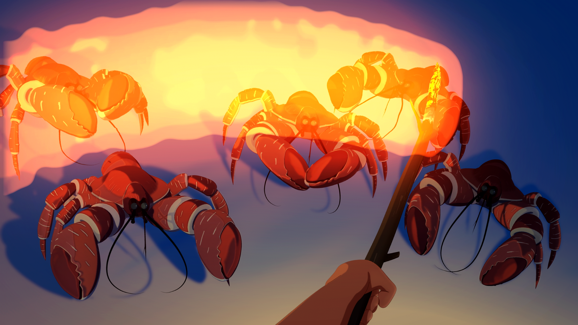 Im Fackelschein entdecken die Freunde Kokosnuss-Krabben am Strand.