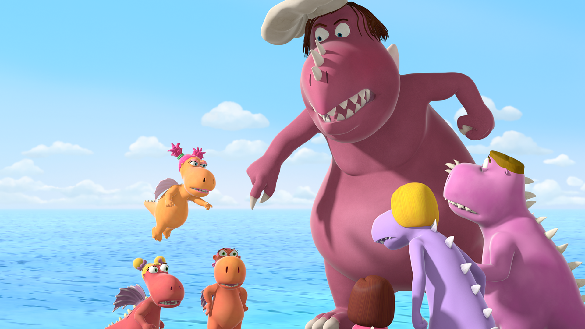 Die Obstschwestern (links) haben Streit mit Chef (rechts) und den anderen Drachen am Strand.