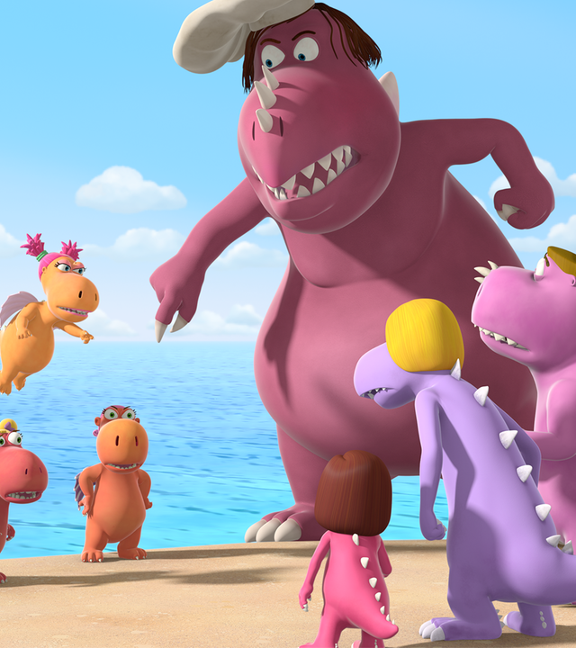 Die Obstschwestern (links) haben Streit mit Chef (rechts) und den anderen Drachen am Strand.