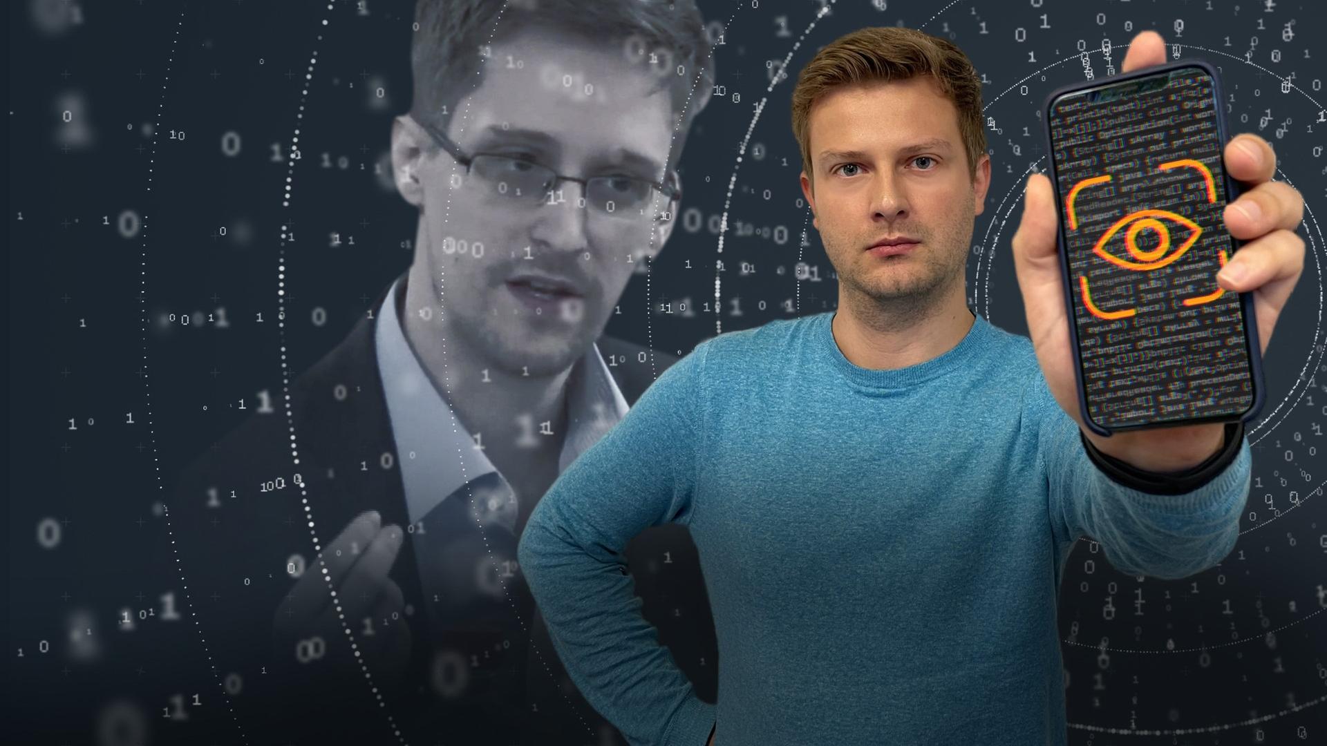 ZoomIN-Reporter Lucas Eiler hält ein iPhone in die Kamera, im Hintergrund ist Edward Snowden zu sehen.