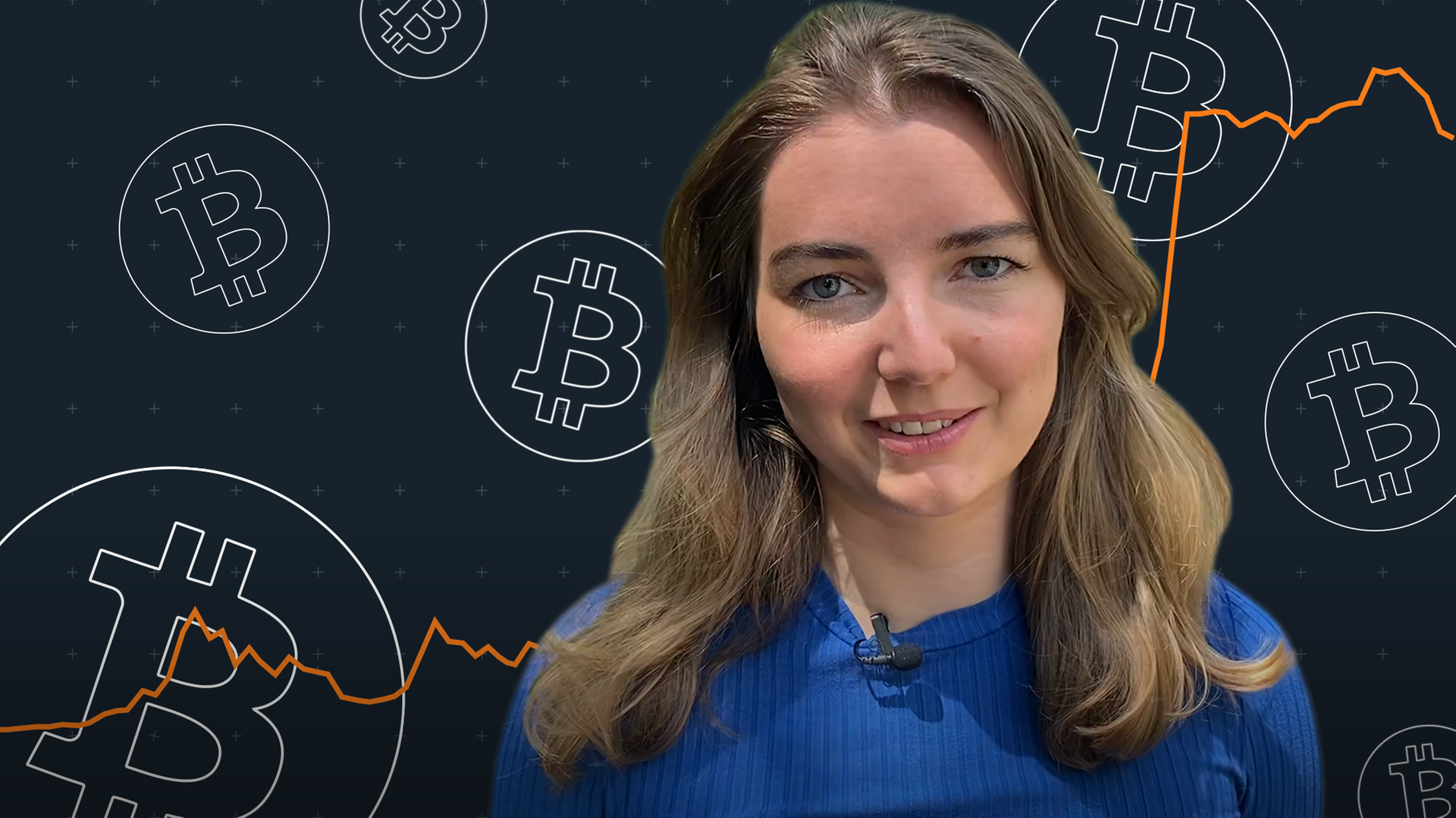 ZoomIN-Reporterin Luisa Houben mit Bitcoin-Symbolen im Hintergrund