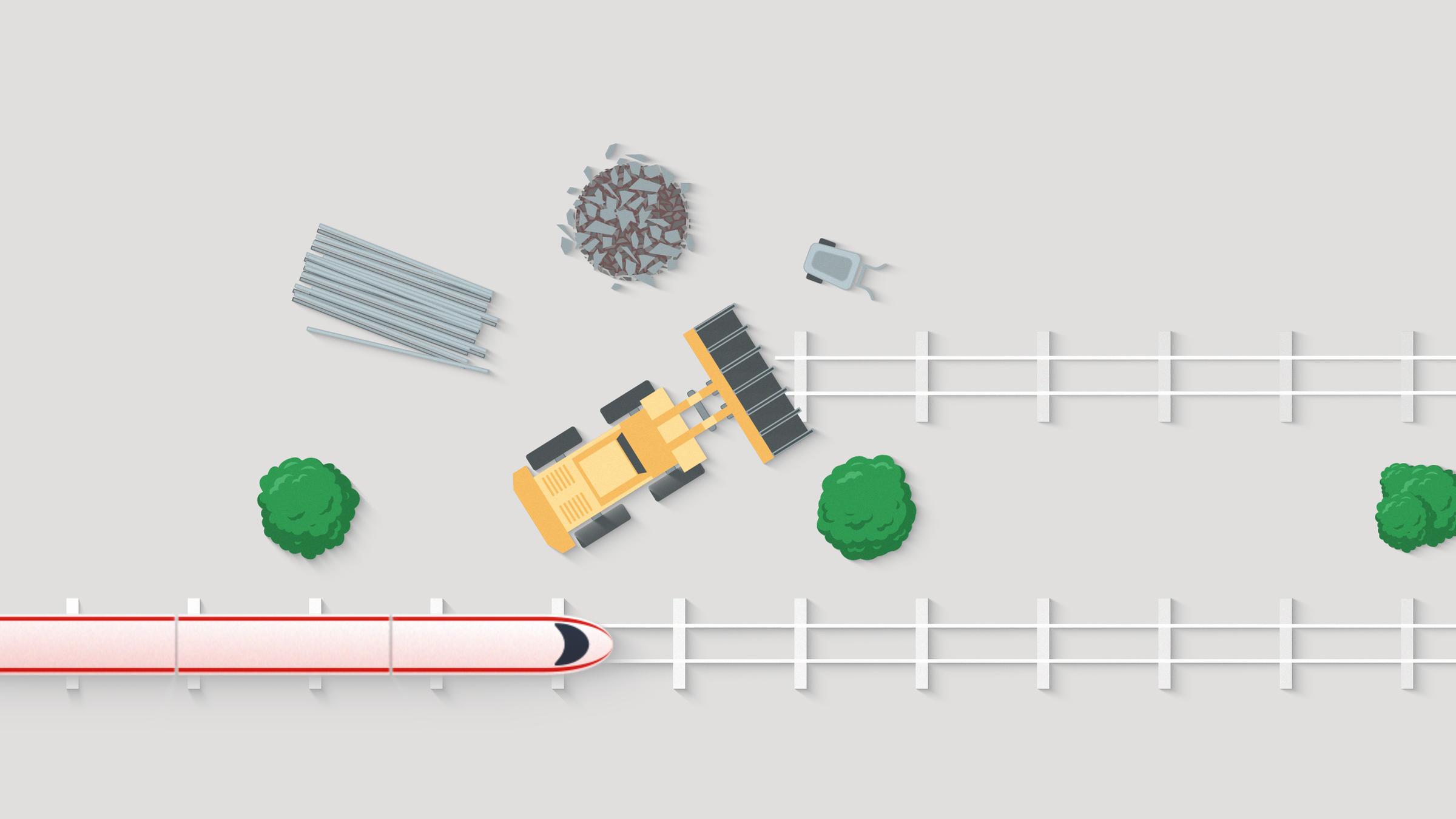 Auf der Illustration sieht man zwei Gleise. Auf dem unteren fährt ein Zug, das obere Gleis ist eine Baustelle. 