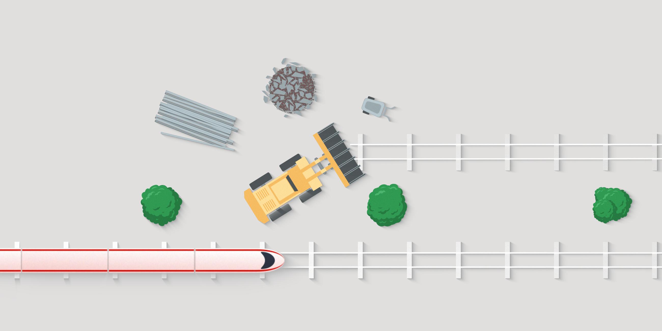 Auf der Illustration sieht man zwei Gleise. Auf dem unteren fährt ein Zug, das obere Gleis ist eine Baustelle. 