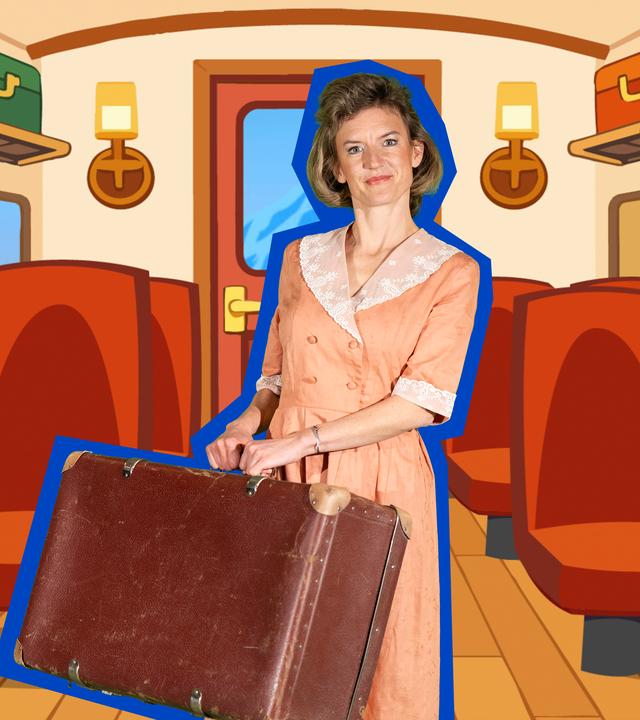 Kiri Rakete steht mit einem großen braunen Koffer in der Hand in einem gezeichneten Zugabteil.