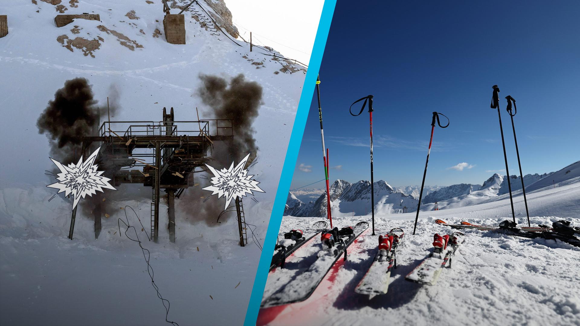 Sprengung des letzten deutschen Gletscher-Skilifts und Skier und Stöcke im Schnee 