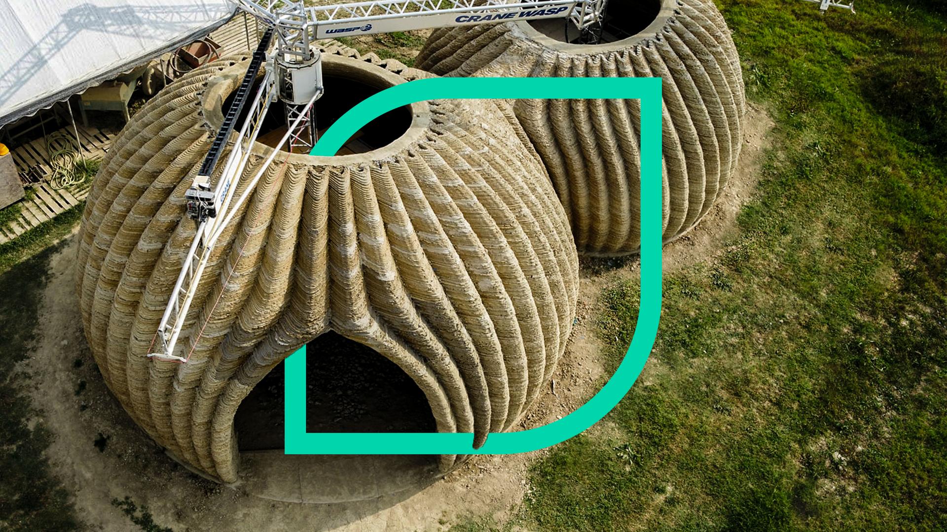 Luftbild von einem Haus aus dem 3D-Drucker.