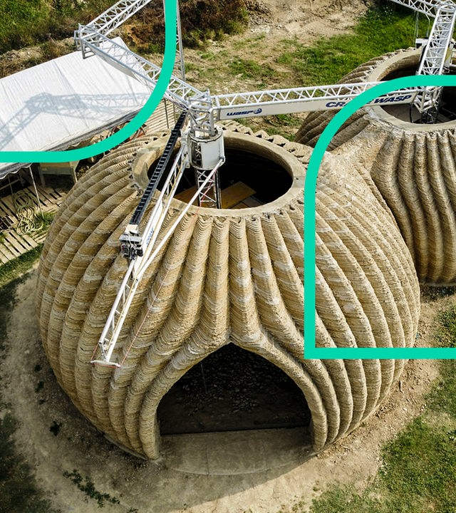 Luftbild von einem Haus aus dem 3D-Drucker.