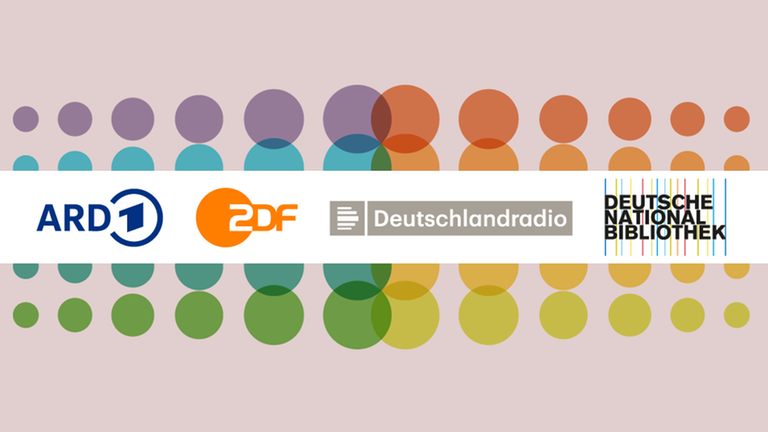 Typical zur Zusammenhaltsstudie von ARD ZDF Deutschlandradio und Deutscher Nationalbibliothek mit den Logos der Unternehmen vor einer bunten Wand von Punkten im Hintergrund
