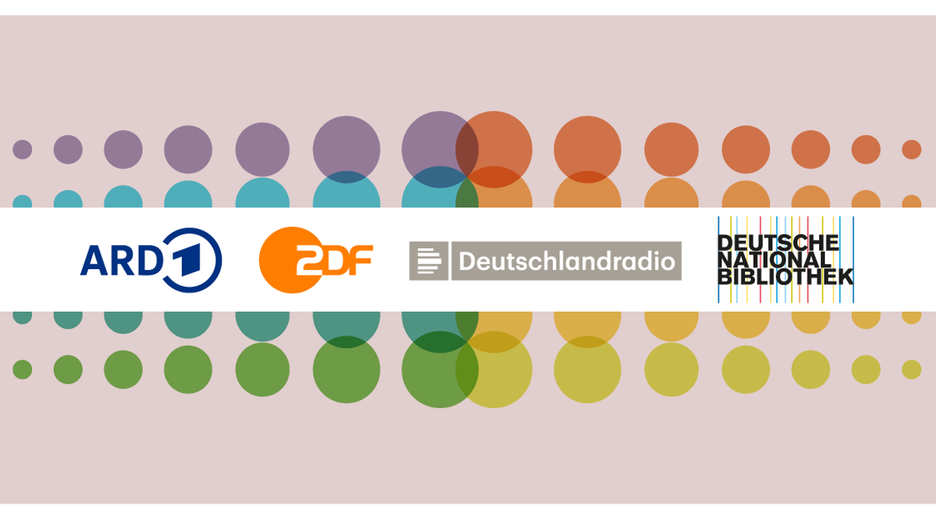 Typical zur Zusammenhaltsstudie von ARD ZDF Deutschlandradio und Deutscher Nationalbibliothek mit den Logos der Unternehmen vor einer bunten Wand von Punkten im Hintergrund