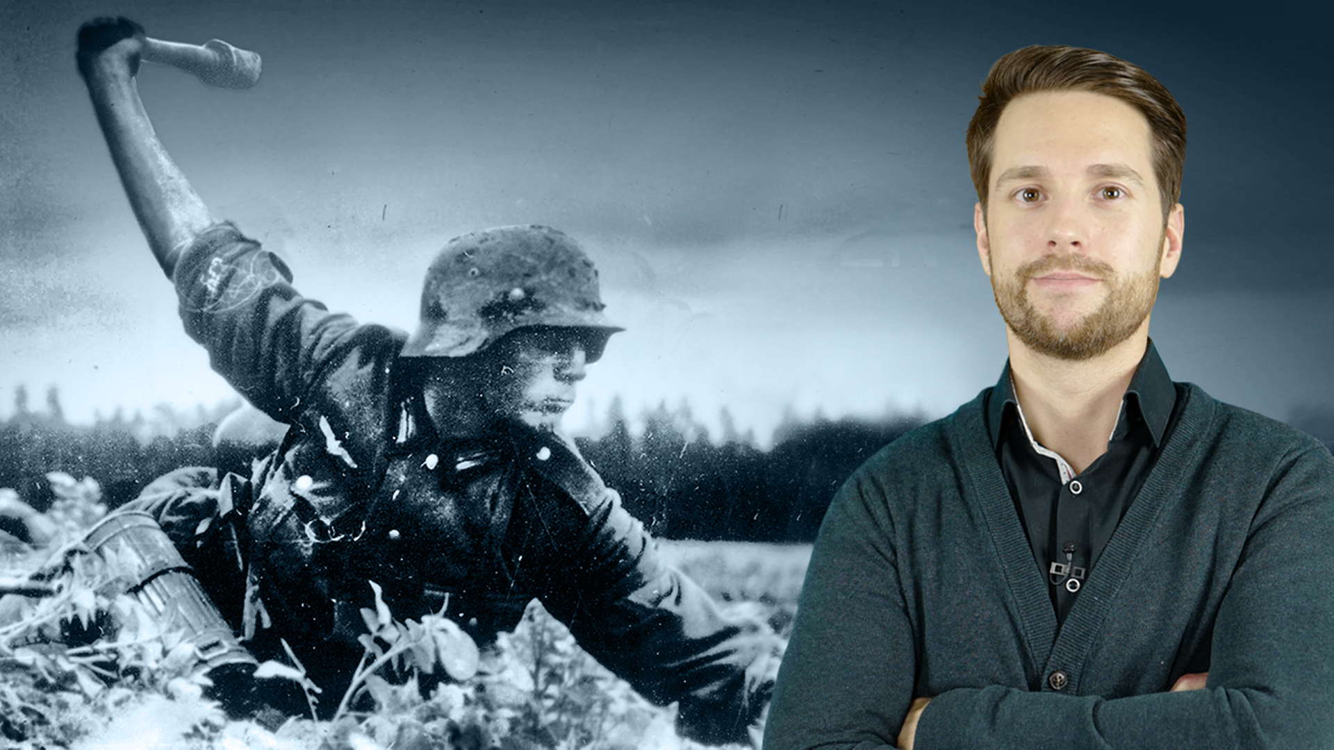 Deutscher Wehrmachtssoldat wirft eine Handgranate - daneben steht Mirko Drotschmann