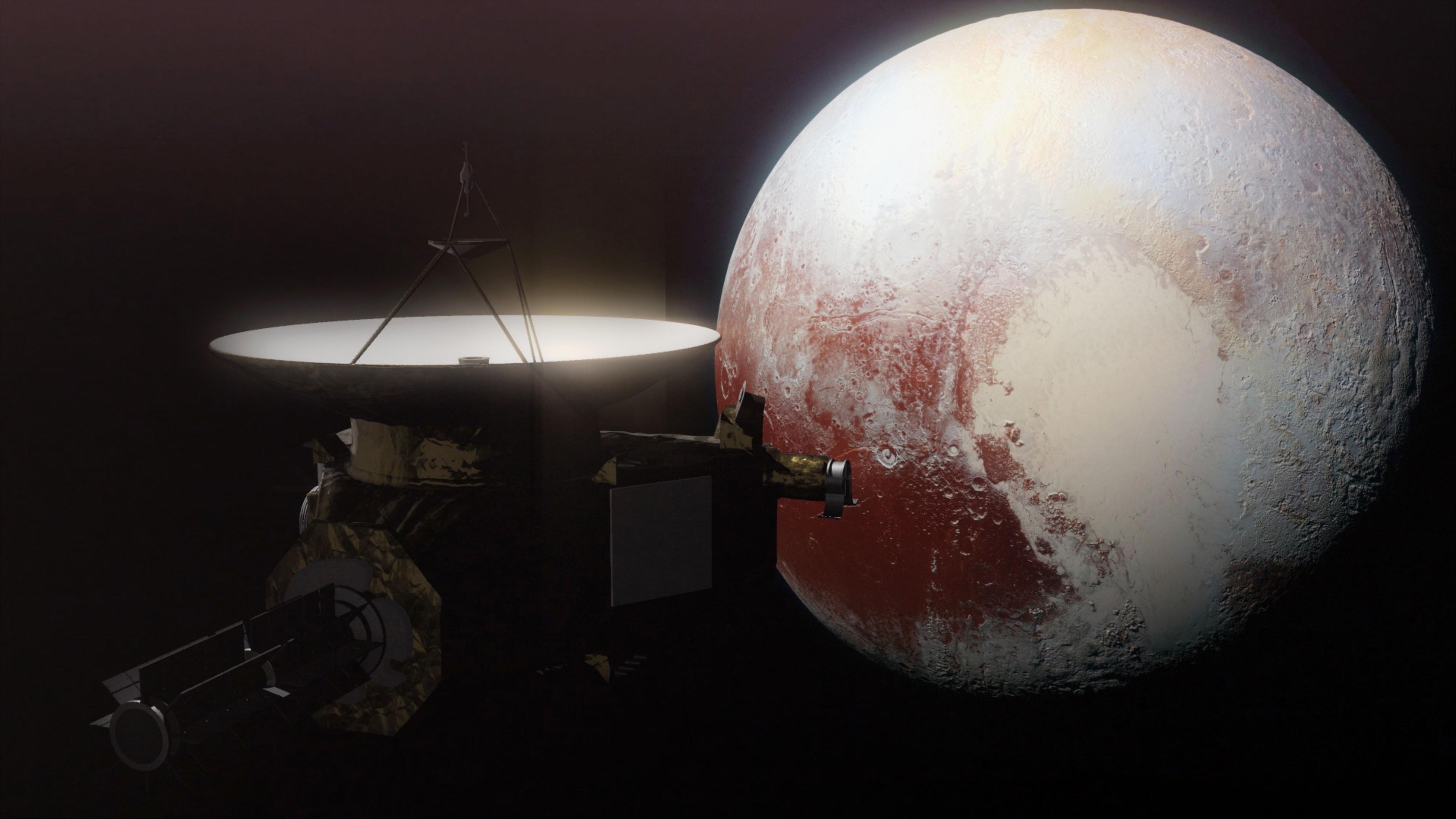 "Zwergplanet Pluto - Entdeckung einer fernen Welt": Computeranimation. Eine Raumsonde, im Hintergrund ein rot-weißer Planet.