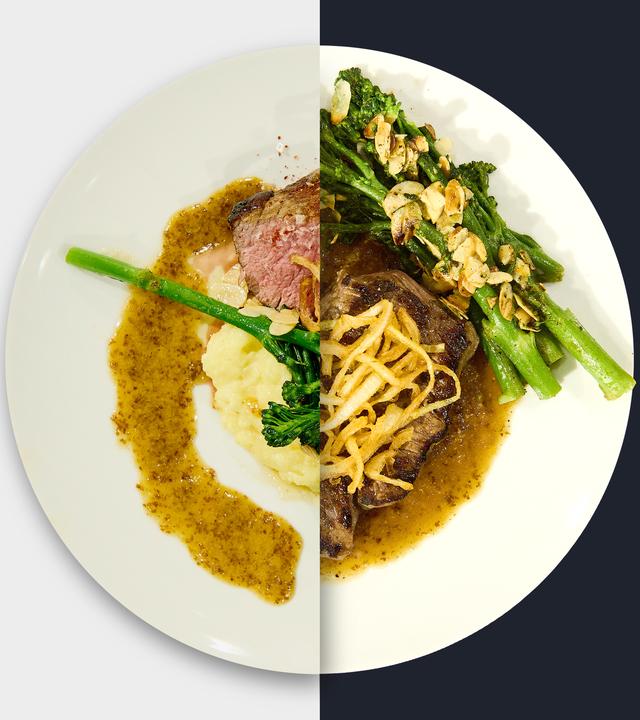 Zwiebelrostbraten vom Irish Hereford Rind mit Senfsauce, Kartoffelstampf, wildem Brokkoli und Mandelbutter
