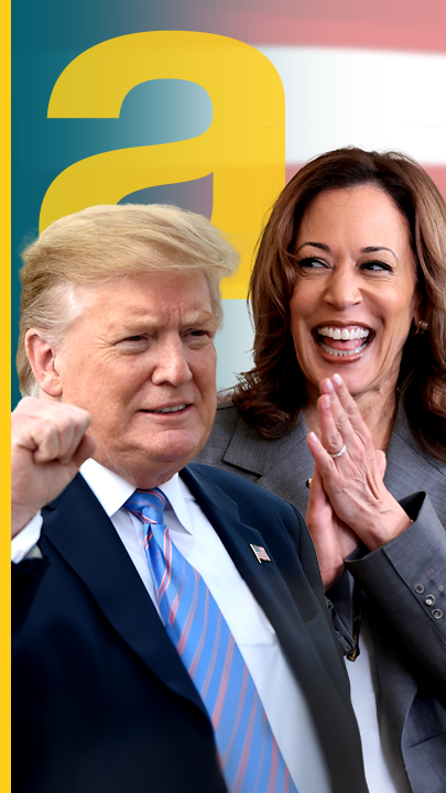 Trump und Harris vor USA-Flagge
